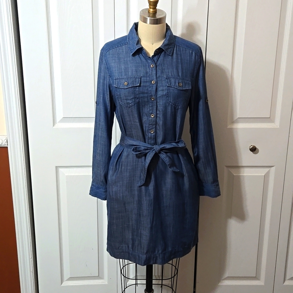 Banana Republic Blue Chambray Button Down Denim Belted Dress, Size 6p, NWOT